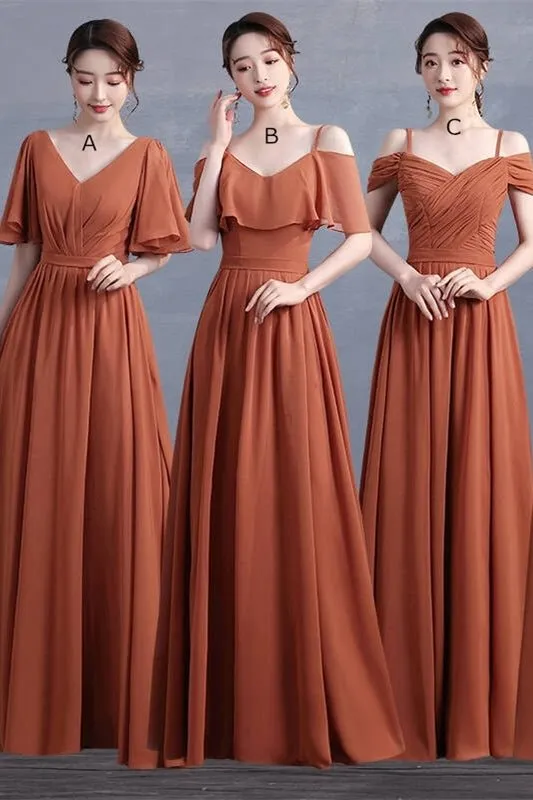 4 Styles Rust Orange Chiffon Long Mismatched Bridesmaid Dresses