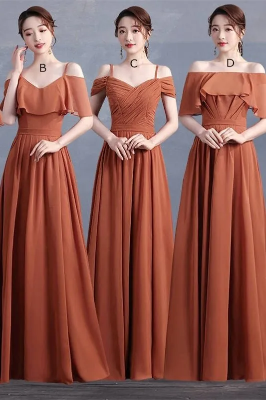 4 Styles Rust Orange Chiffon Long Mismatched Bridesmaid Dresses