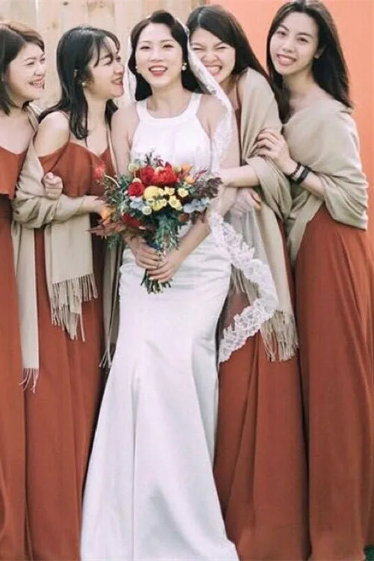 4 Styles Rust Orange Chiffon Long Mismatched Bridesmaid Dresses