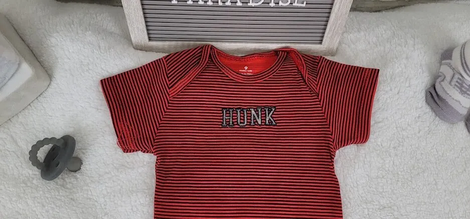 Baby Boy Onesie, Hunk Design Onesie,  Stripe Red Onesie, 9 month Baby Boy Onesie, Baby Bodysuit, Baby Gift, Cute Custom Onesie, Babybodysuit