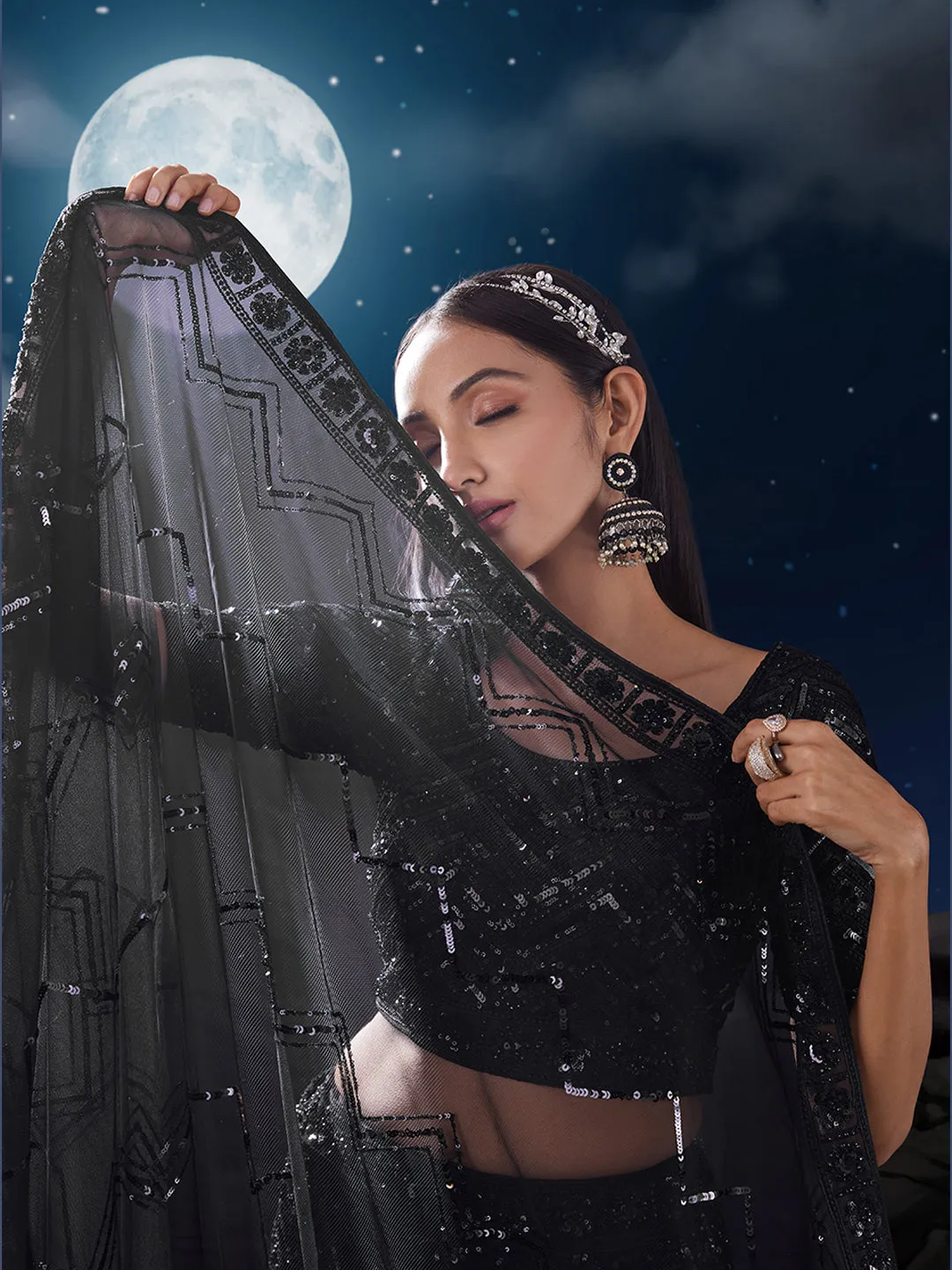 Dazzle in Sequined Elegance Black Net Lehenga Choli Set