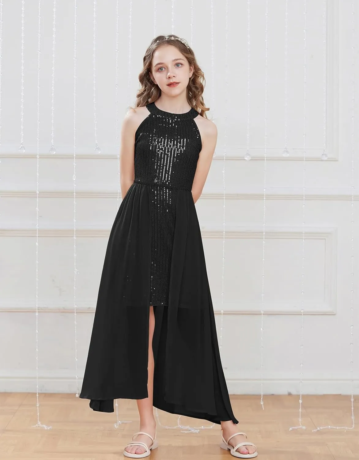 GRACE KARIN Girls Halter Neck Sequin Dress 6-14Y Kids Fancy Formal Party Prom Sparkly Pageant Birthday Graduation Dresses