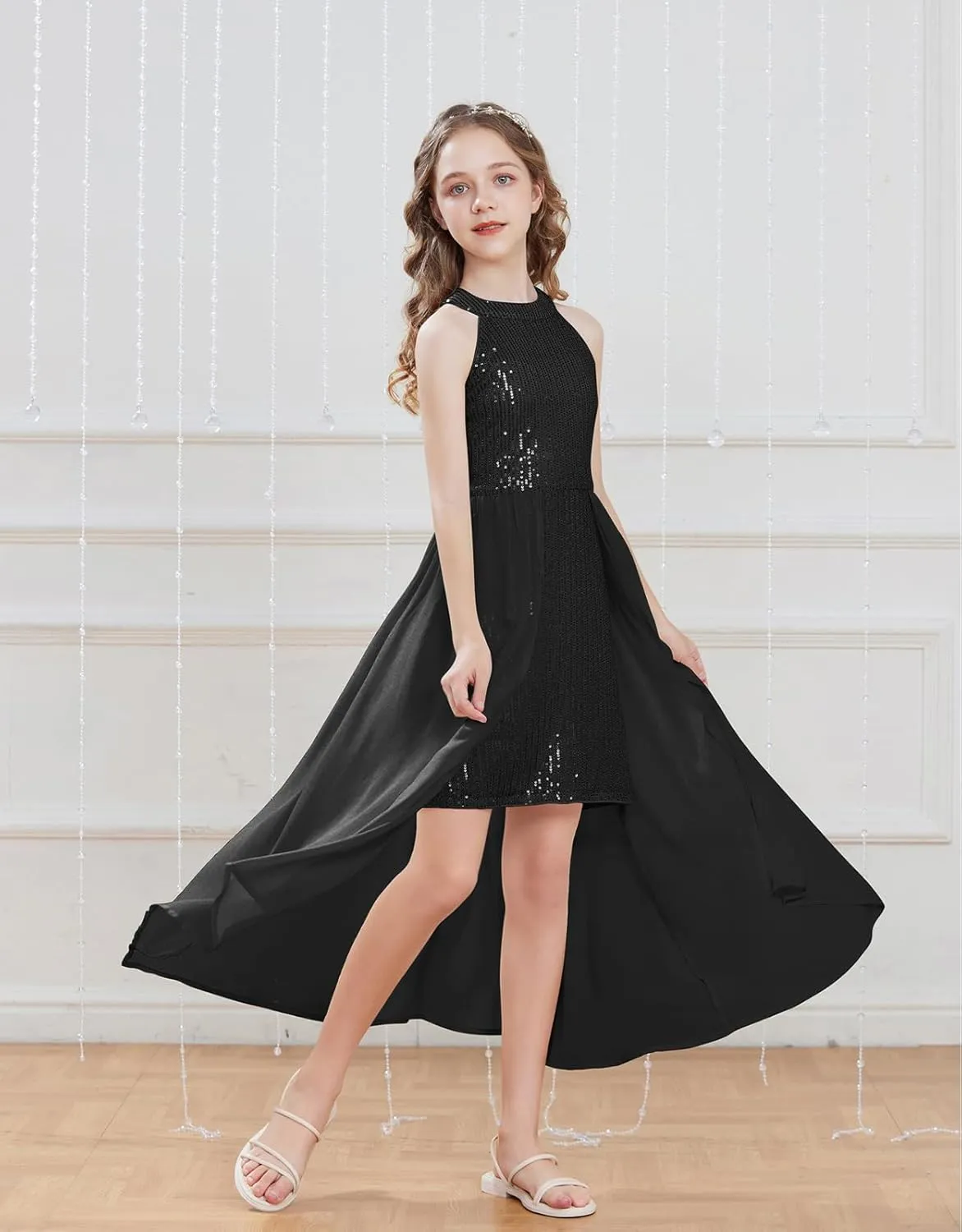 GRACE KARIN Girls Halter Neck Sequin Dress 6-14Y Kids Fancy Formal Party Prom Sparkly Pageant Birthday Graduation Dresses