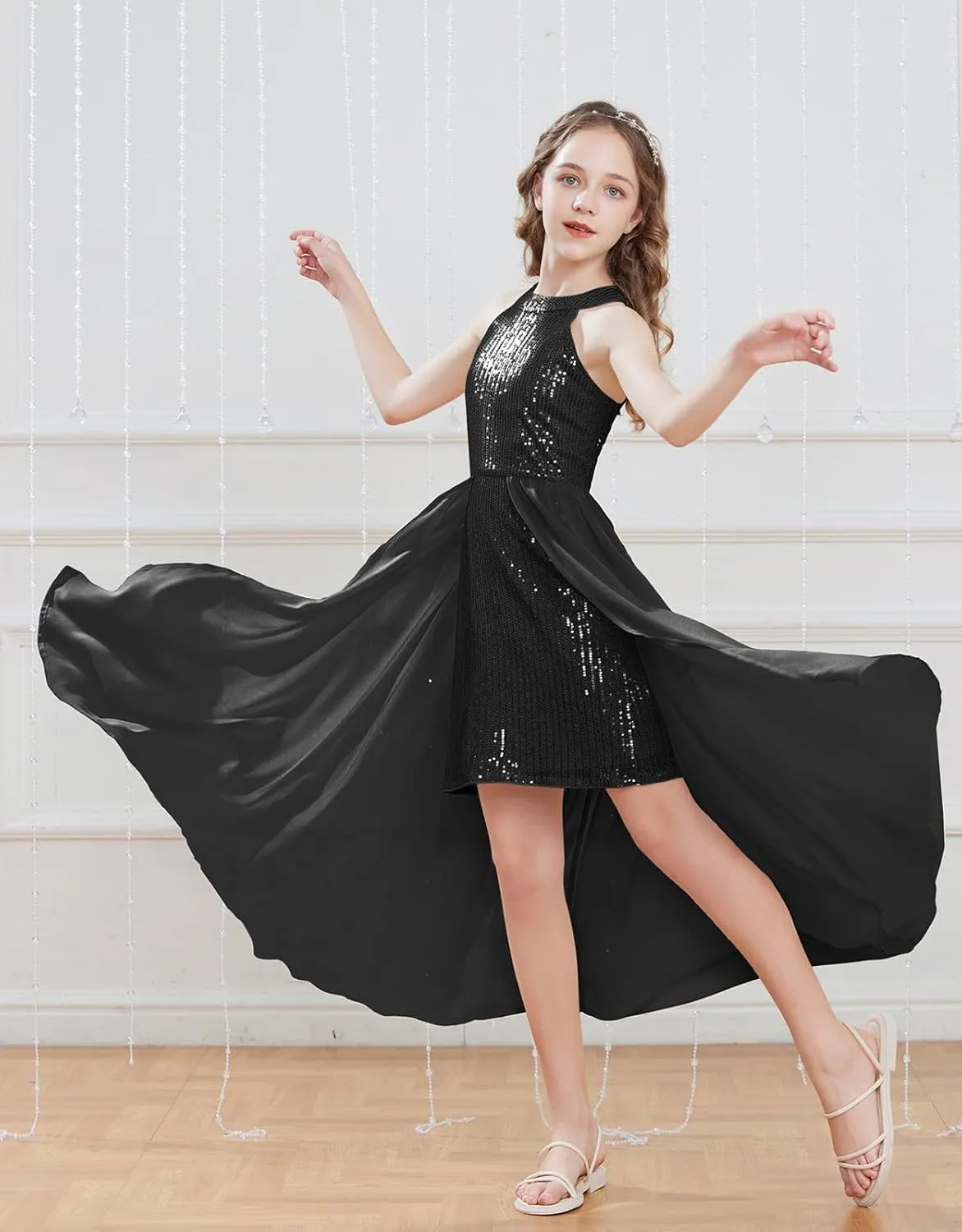 GRACE KARIN Girls Halter Neck Sequin Dress 6-14Y Kids Fancy Formal Party Prom Sparkly Pageant Birthday Graduation Dresses