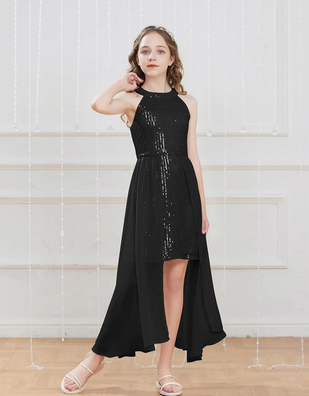GRACE KARIN Girls Halter Neck Sequin Dress 6-14Y Kids Fancy Formal Party Prom Sparkly Pageant Birthday Graduation Dresses