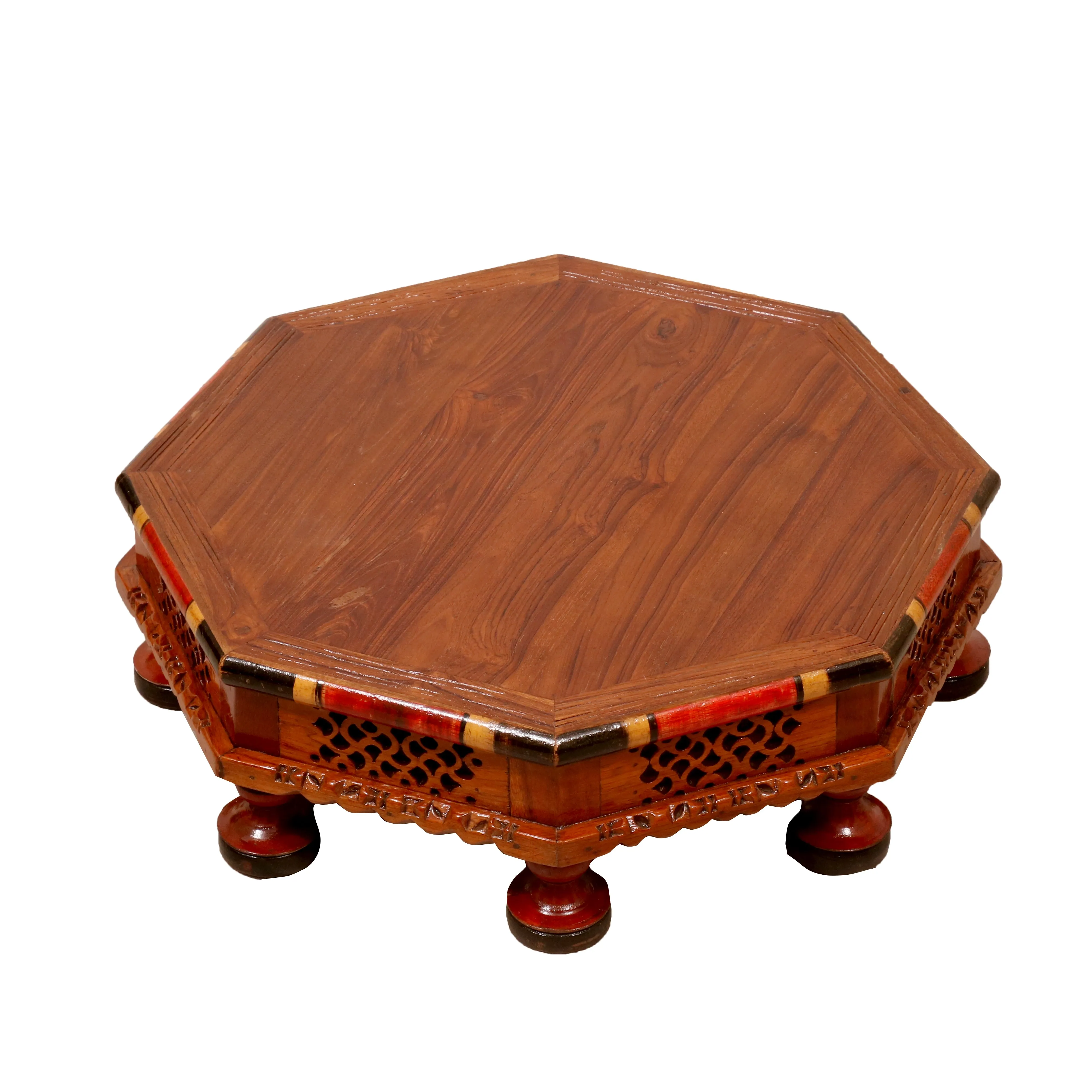 Hexagonal Intricate Carved Panted TEAK Wood Bajot