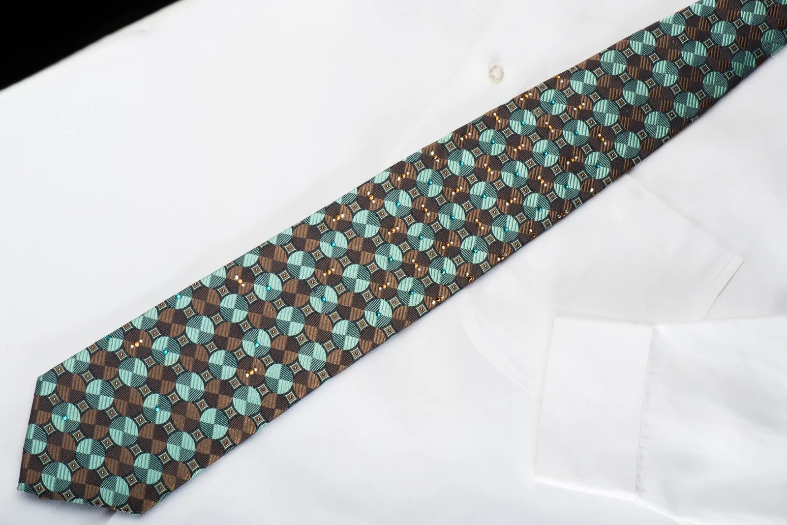 Mila Schon Rhinestone Silk Necktie Disks On Navy With Gold Sparkles