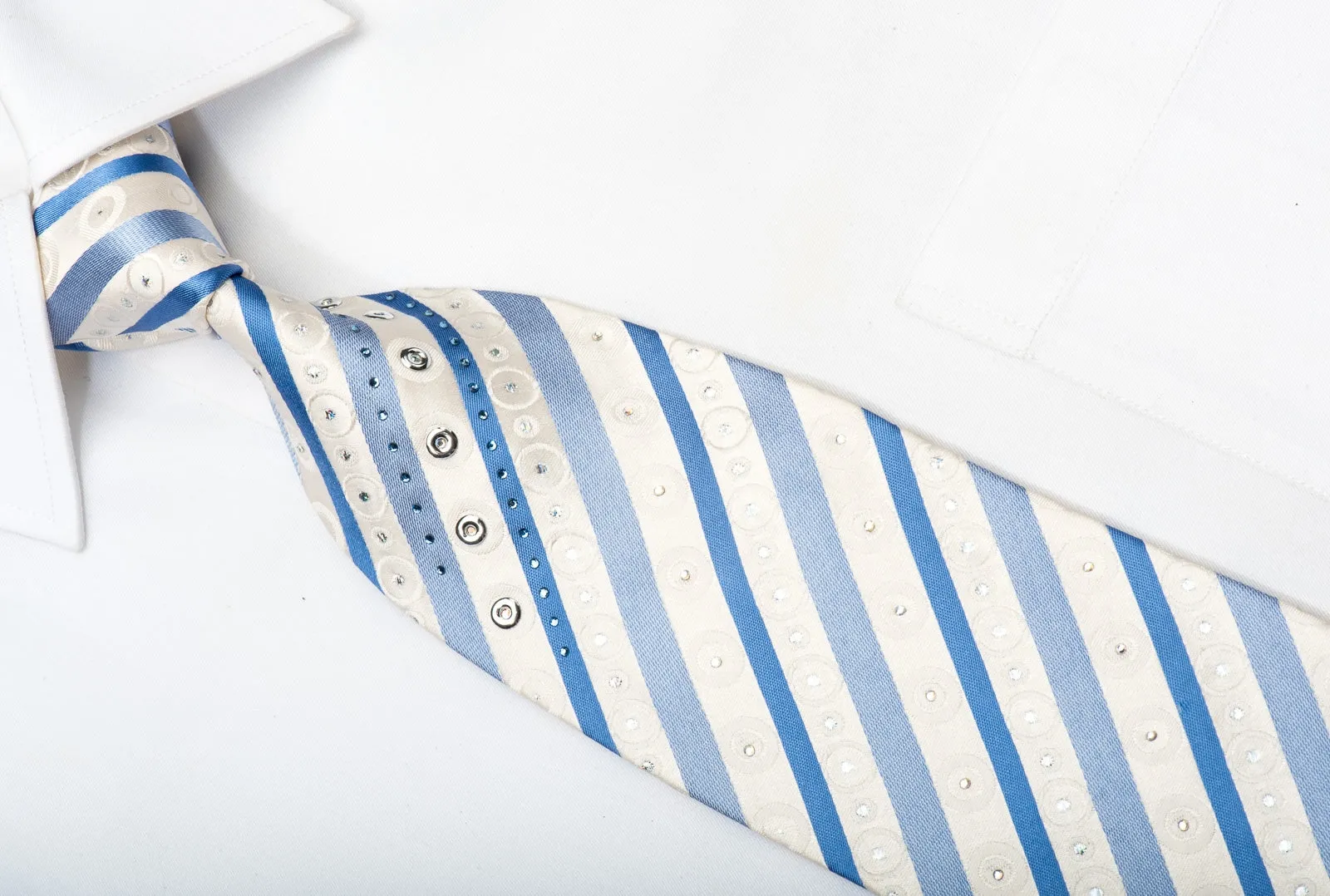 Roberta di Camerino Men's Rhinestone Silk Necktie Blue Striped On White With Silver Sparkles