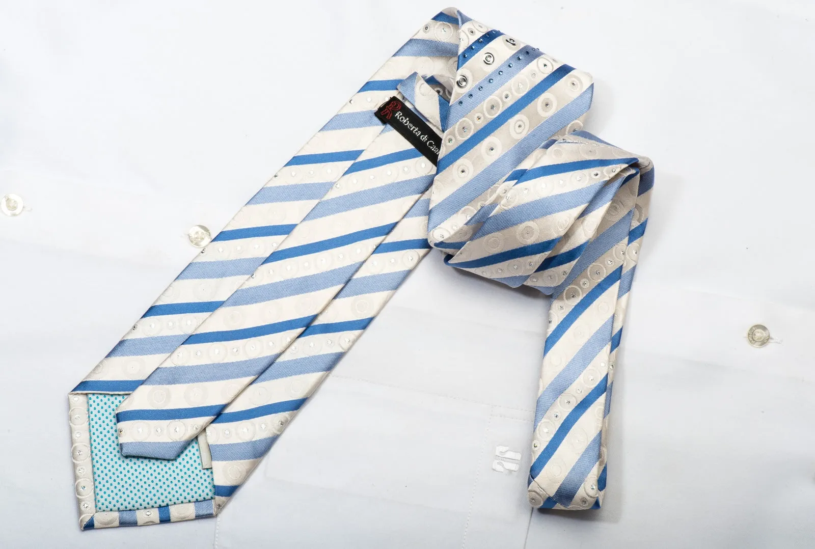 Roberta di Camerino Men's Rhinestone Silk Necktie Blue Striped On White With Silver Sparkles