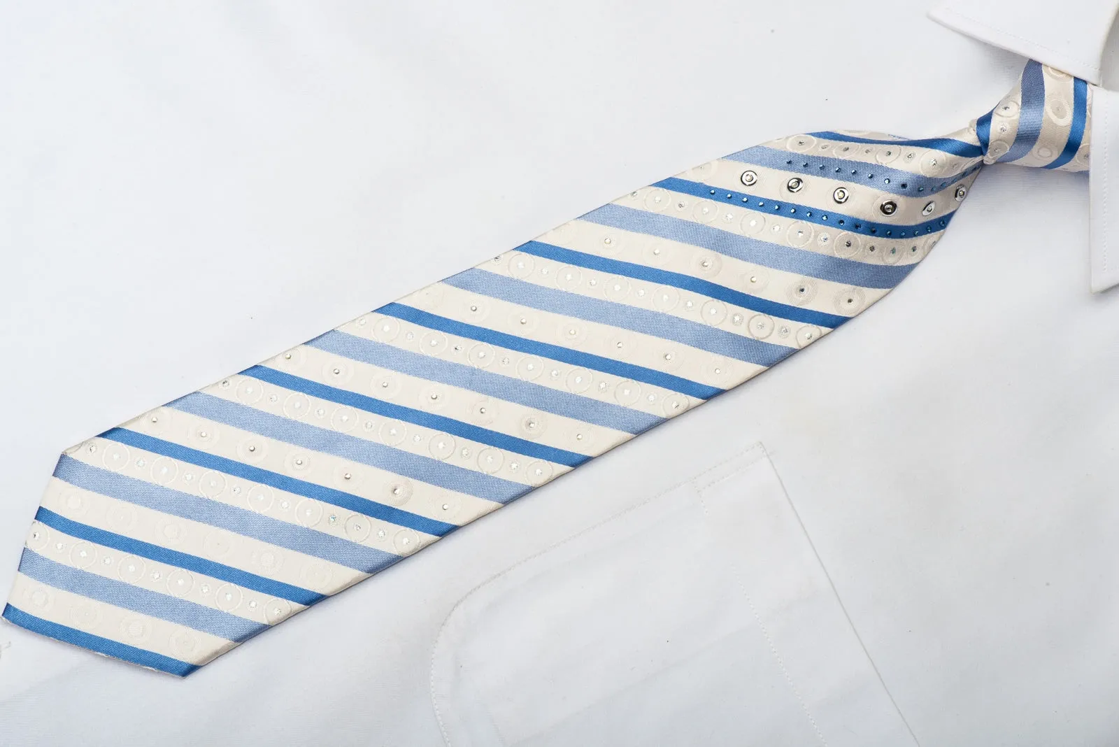 Roberta di Camerino Men's Rhinestone Silk Necktie Blue Striped On White With Silver Sparkles