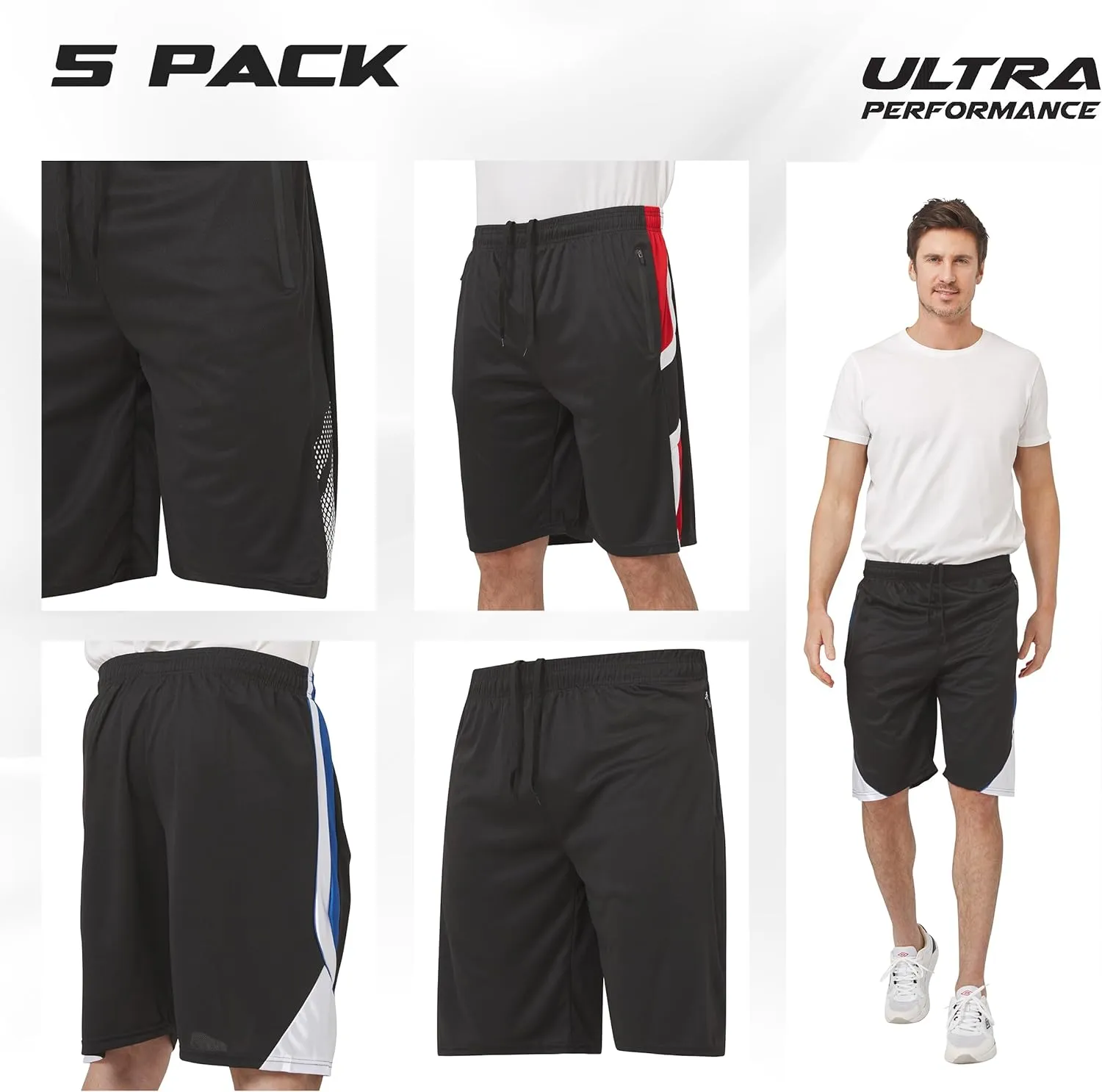 Ultra Performance Mens 5 Pack Athletic Running Shorts, Basketball Gym Workout Shorts for Men with Zippered Pockets