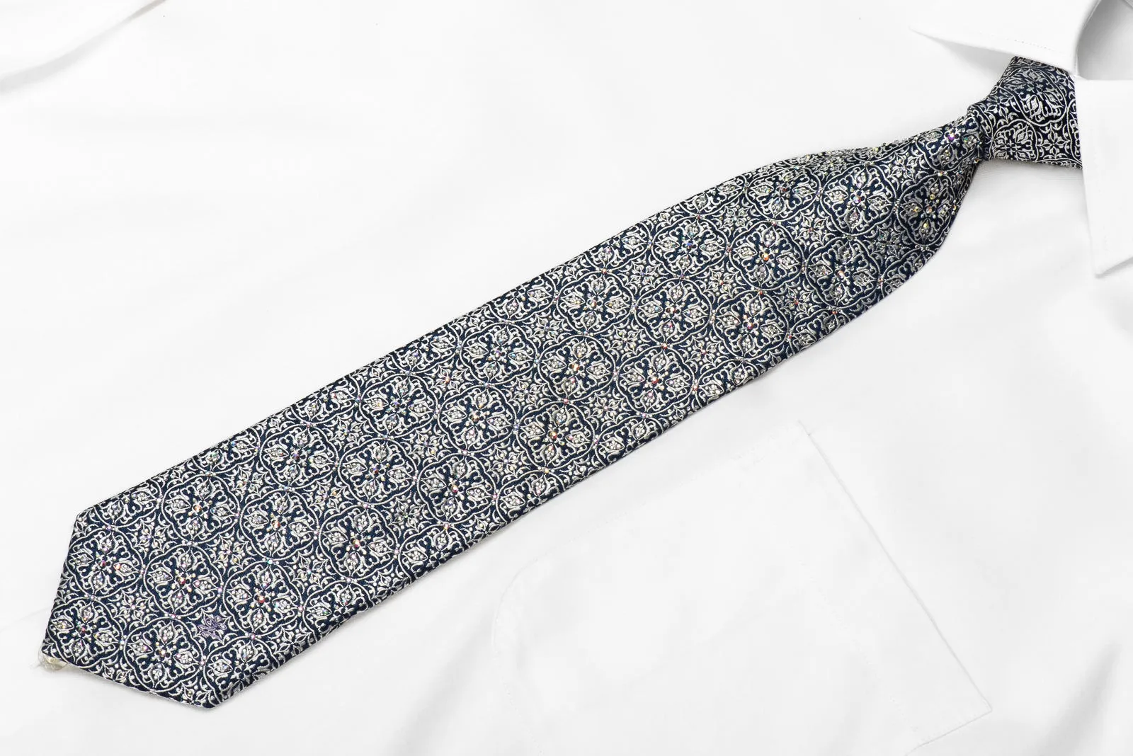 Ungaro Men's Crystal Silk Tie Silver Cartouche On Navy Sparkling With Rhinestones